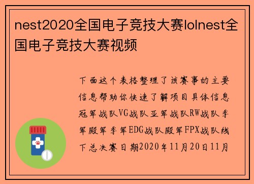 nest2020全国电子竞技大赛lolnest全国电子竞技大赛视频