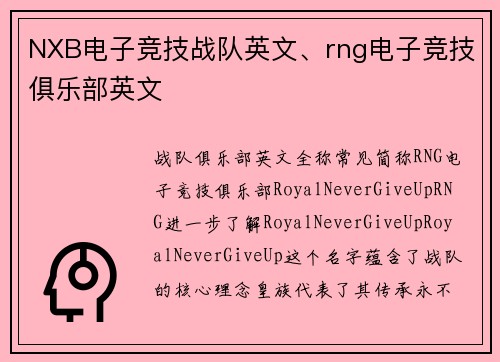 NXB电子竞技战队英文、rng电子竞技俱乐部英文
